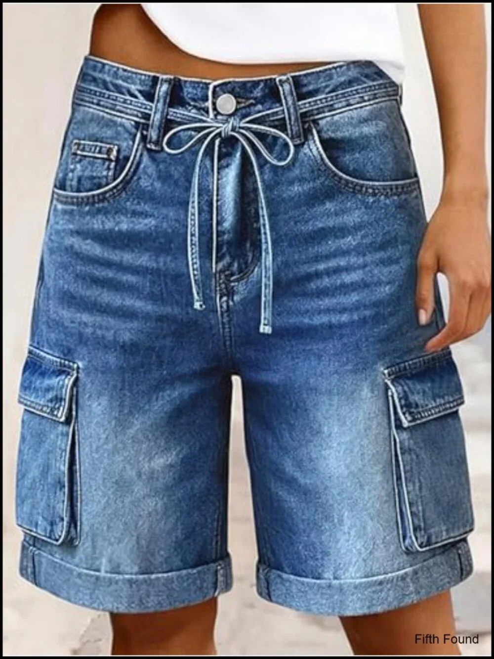 Wide Leg Bermuda Shorts High Rise Washed Flap Pocket Roll Hem